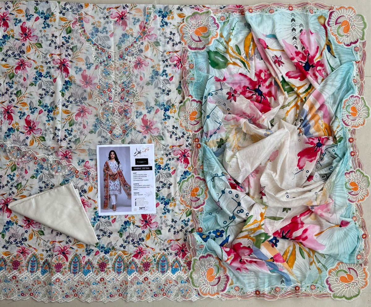 Fatima Zehra Lawn Dupatta with Daman Chikankari Un-stitched-UN2755