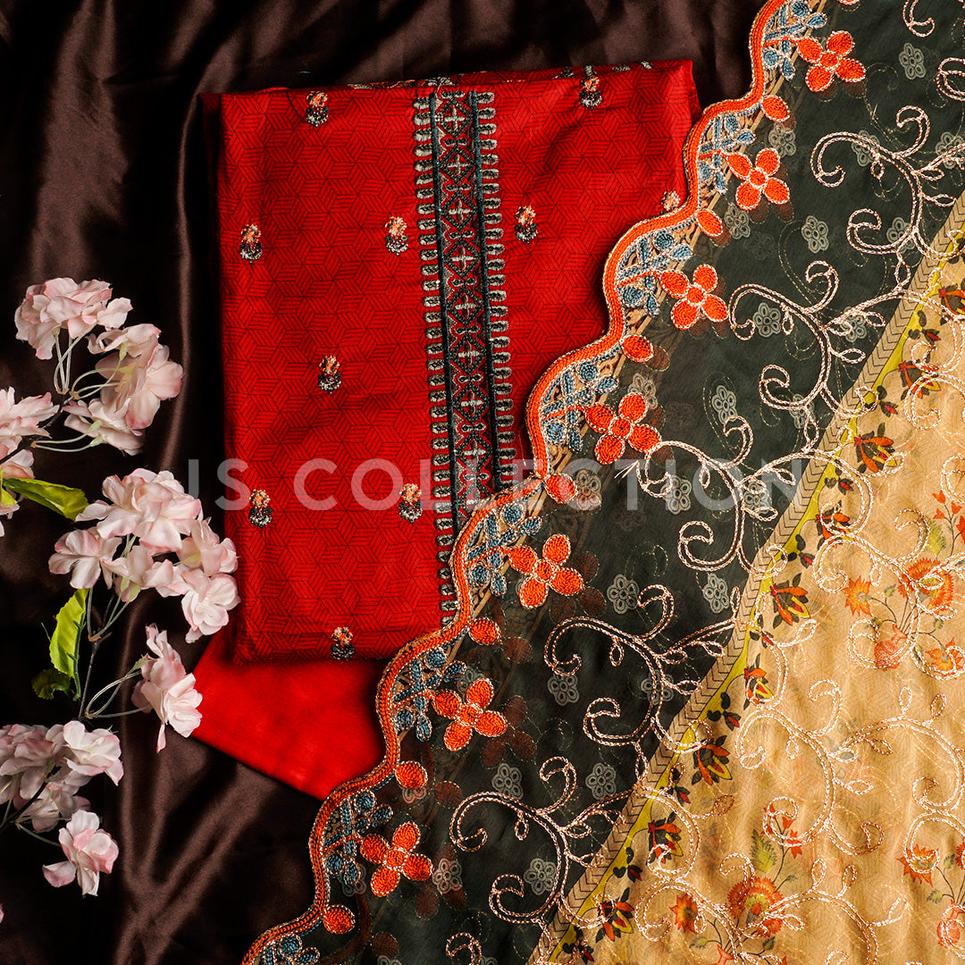3 Pc Lawn Embroidered Chiffon Dupatta Cutwork Un-stitched-UN2299