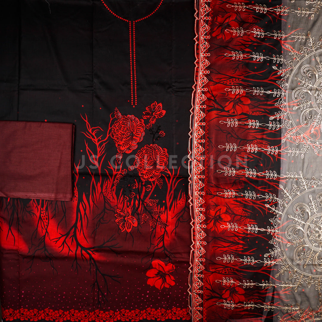 3 Pc Lawn Embroidered Chiffon Dupatta Cutwork Un-stitched-UN2398