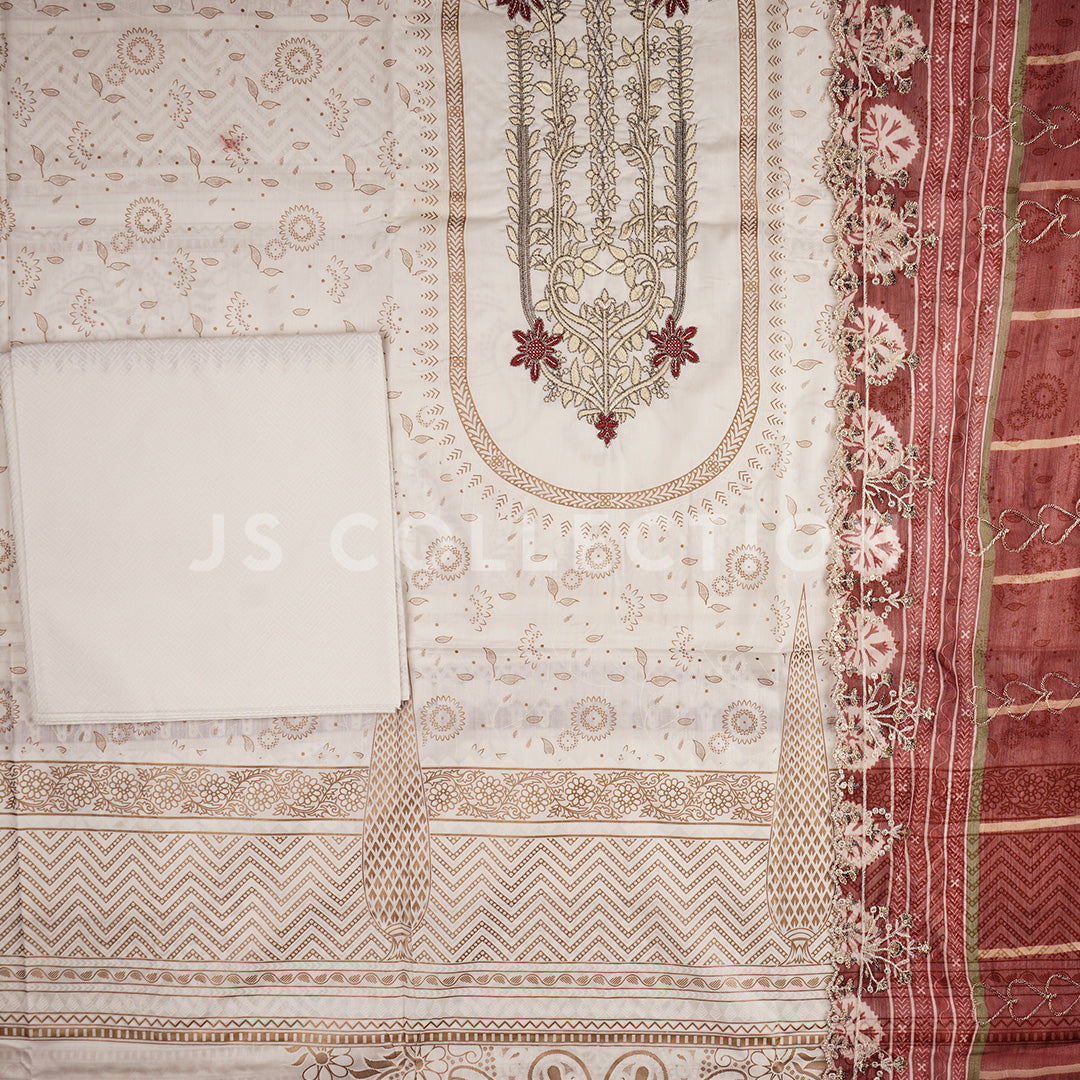 3 Pc Lawn Embroidered Chiffon Dupatta Cutwork Un-stitched-UN2389a