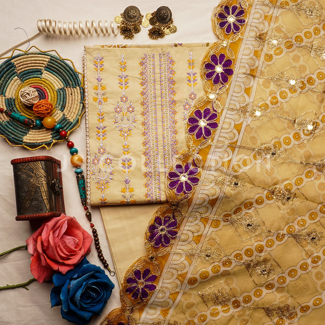 3 Pc Lawn Embroidered Chiffon Dupatta Cutwork Un-stitched-UN2310