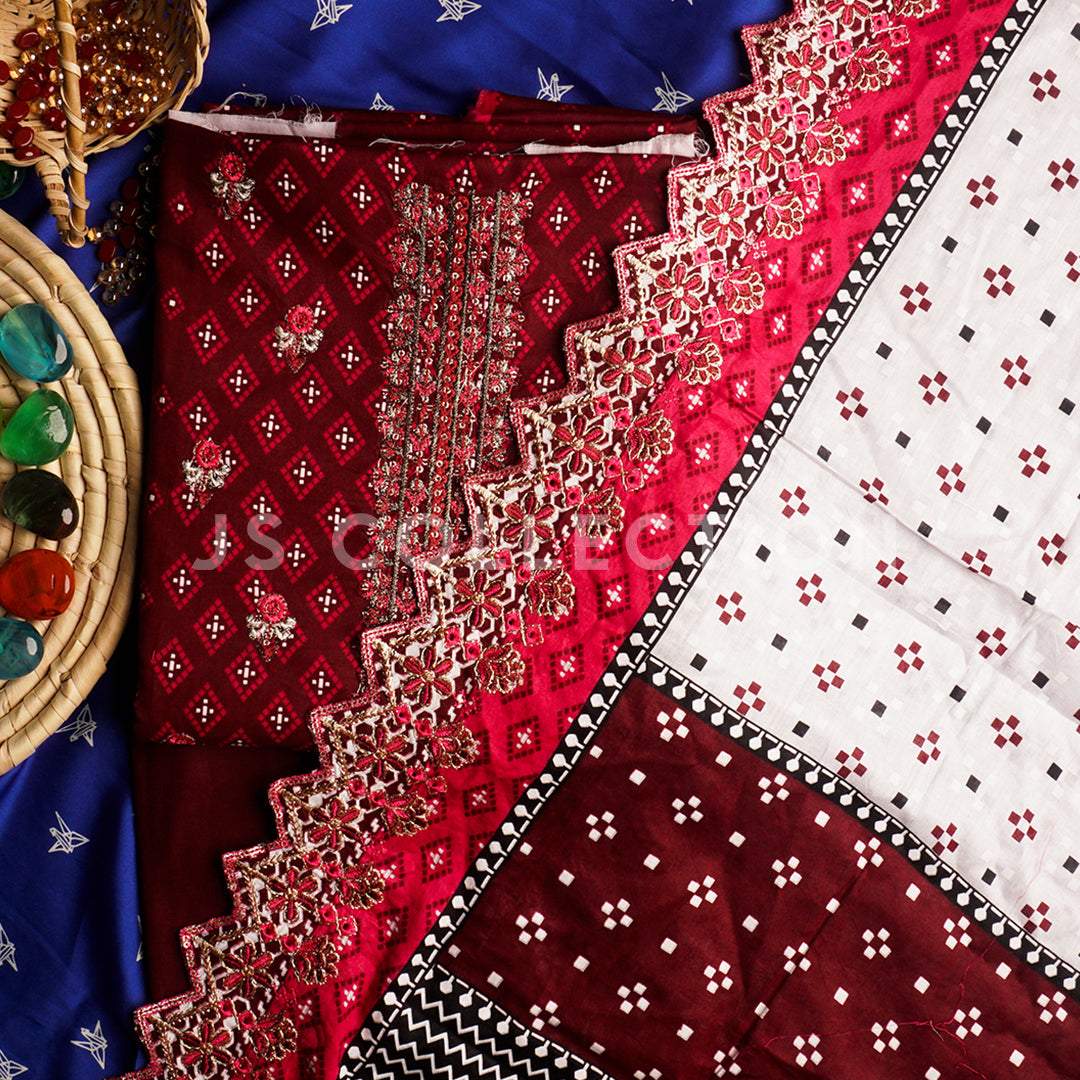 3 Pc Lawn Embroidered Lawn Dupatta Cutwork Un-stitched-UN2404b