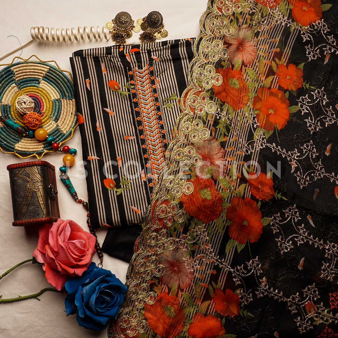 3 Pc Lawn Embroidered Chiffon Dupatta Cutwork Un-stitched-UN2306