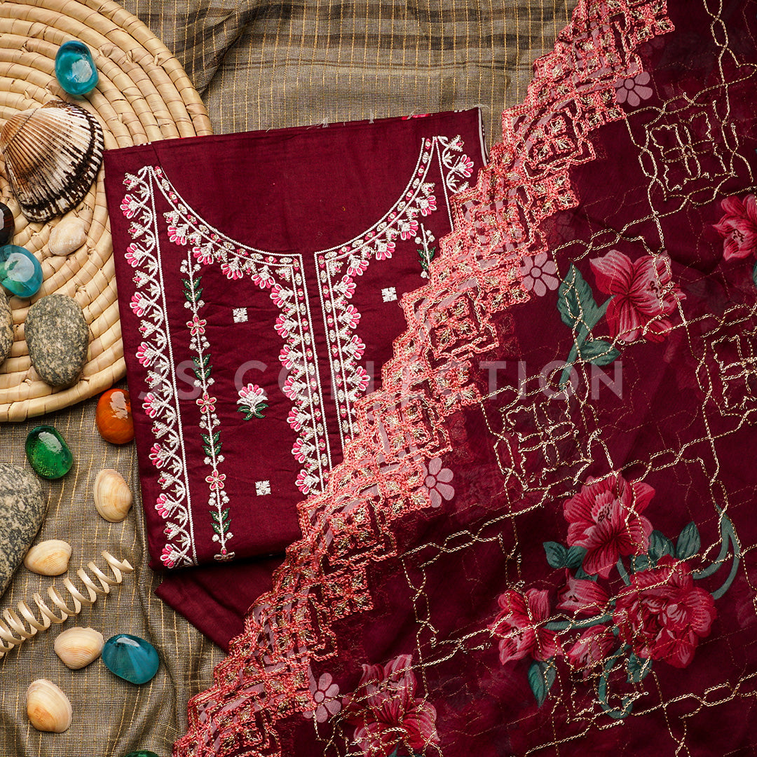 3 Pc Lawn Embroidered Chiffon Dupatta Cutwork Un-stitched-UN2334