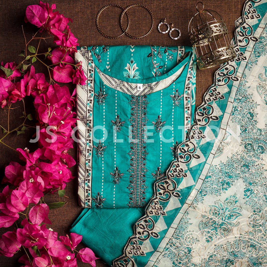 3 Pc Lawn Embroidered Chiffon Dupatta Cutwork Un-stitched-UN2382