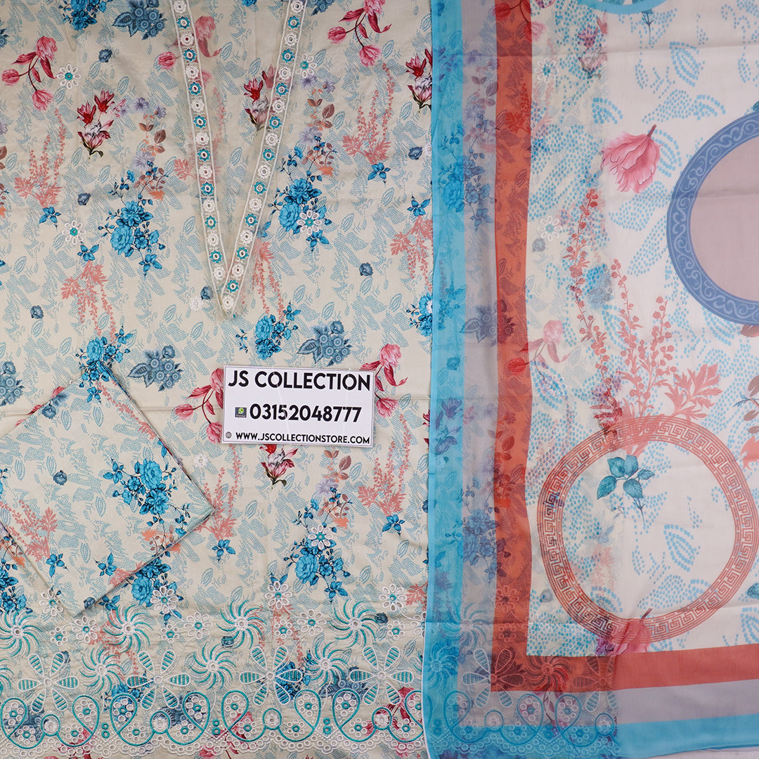 3 Pc Cotton Chikankari with Chiffon Dupatta Un-stitched-UN2695