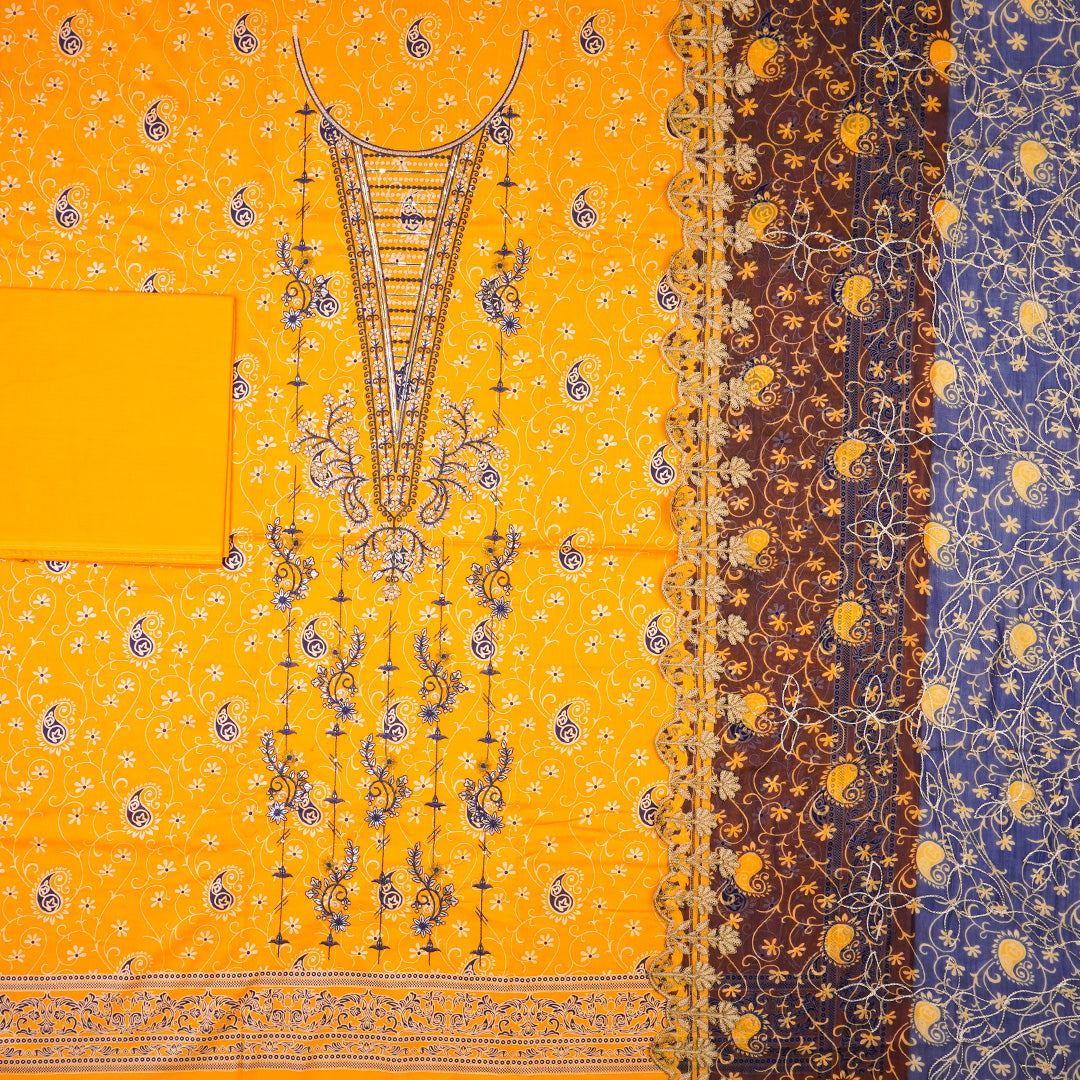3 Pc Lawn Embroidered Chiffon Dupatta Cutwork Un-stitched-UN2618c