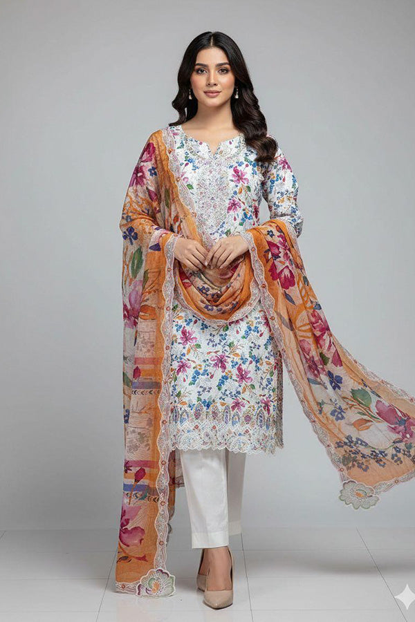 Fatima Zehra Lawn Dupatta with Daman Chikankari Un-stitched-UN2755