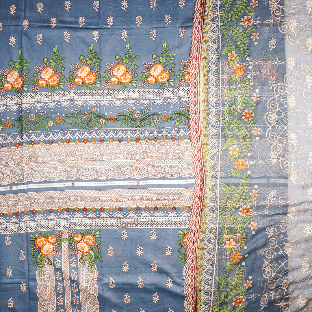 3 Pc Lawn Embroidered Chiffon Dupatta Cutwork Un-stitched-UN2322