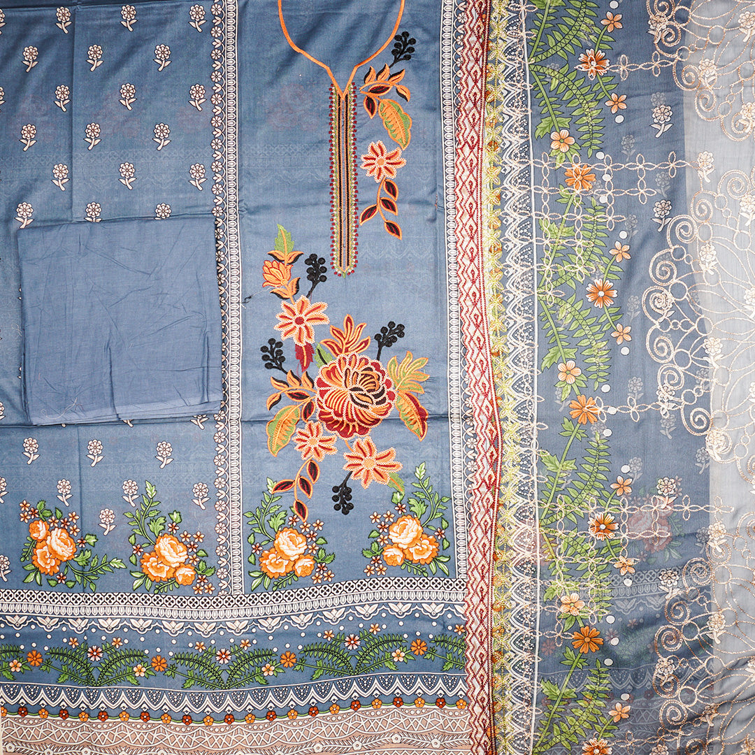 3 Pc Lawn Embroidered Chiffon Dupatta Cutwork Un-stitched-UN2322