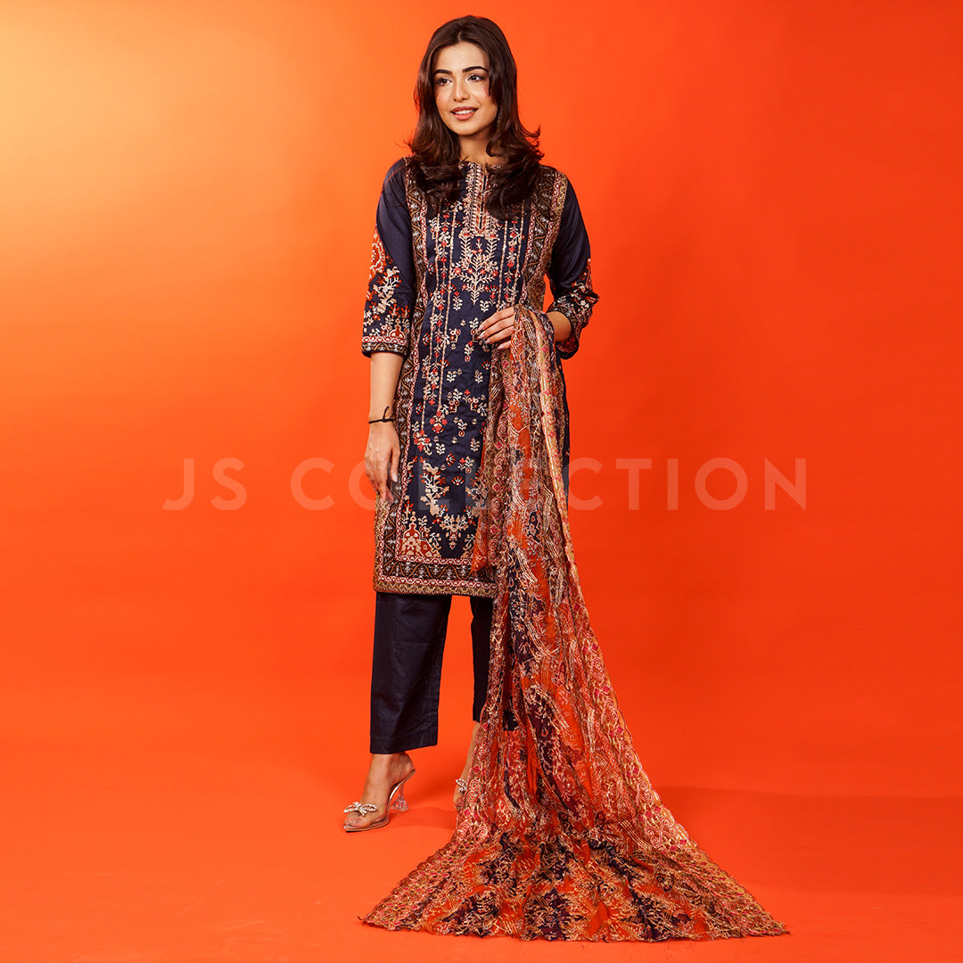 3 Pc Lawn Embroidered Chiffon Dupatta Cutwork Un-stitched-UN2314