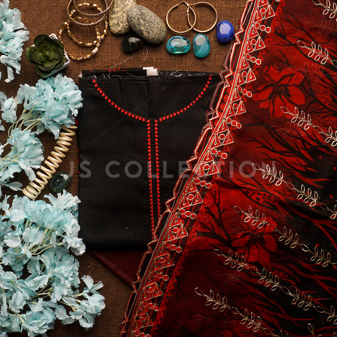 3 Pc Lawn Embroidered Chiffon Dupatta Cutwork Un-stitched-UN2398