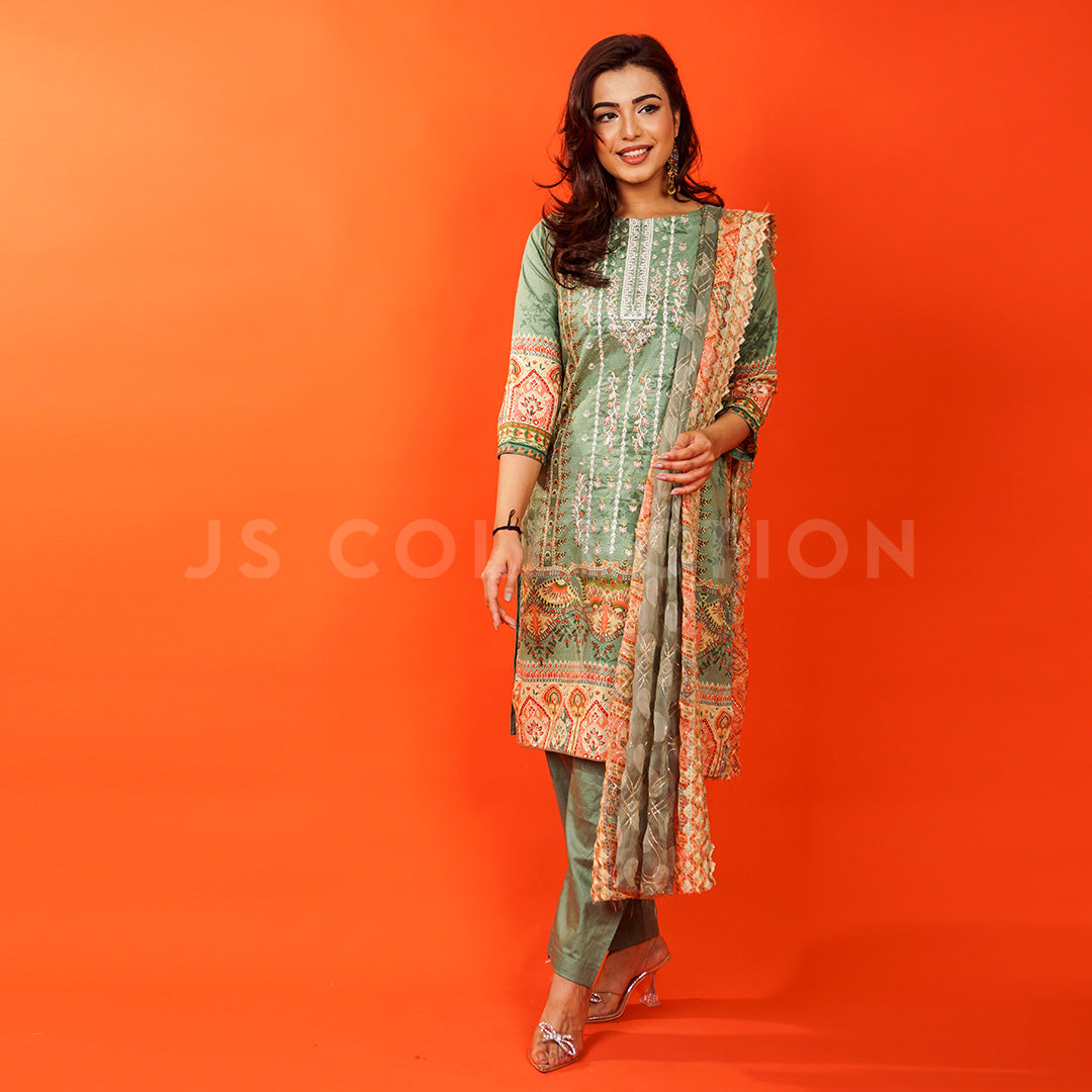 3 Pc Lawn Embroidered Chiffon Dupatta Cutwork Un-stitched-UN2313