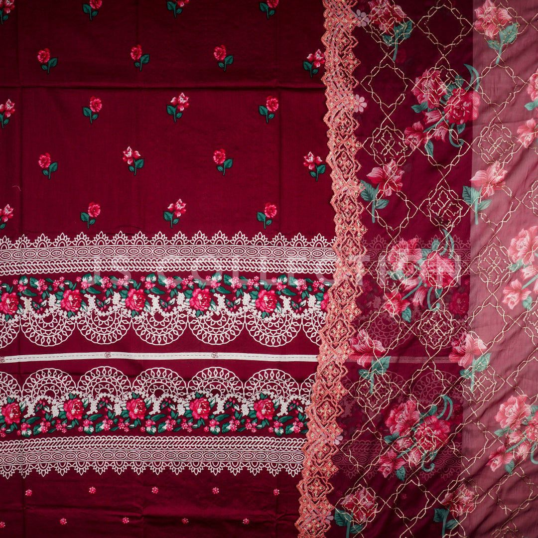 3 Pc Lawn Embroidered Chiffon Dupatta Cutwork Un-stitched-UN2334