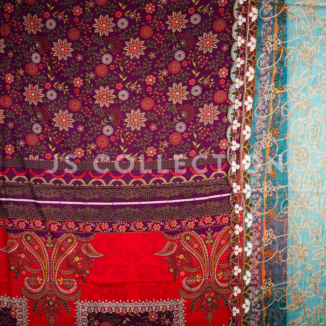 3 Pc Lawn Embroidered Chiffon Dupatta Cutwork Un-stitched-UN2309
