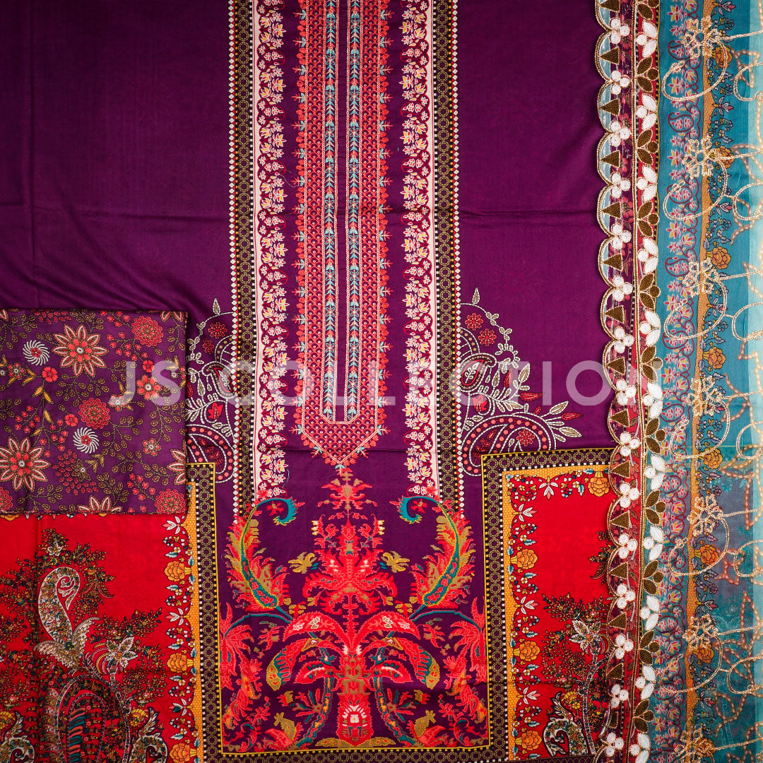 3 Pc Lawn Embroidered Chiffon Dupatta Cutwork Un-stitched-UN2309