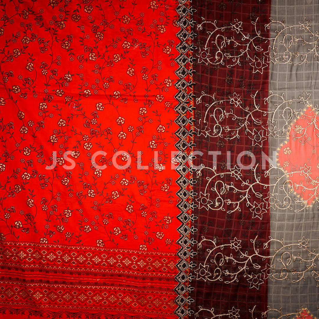 3 Pc Lawn Embroidered Chiffon Dupatta Cutwork Un-stitched-UN2302