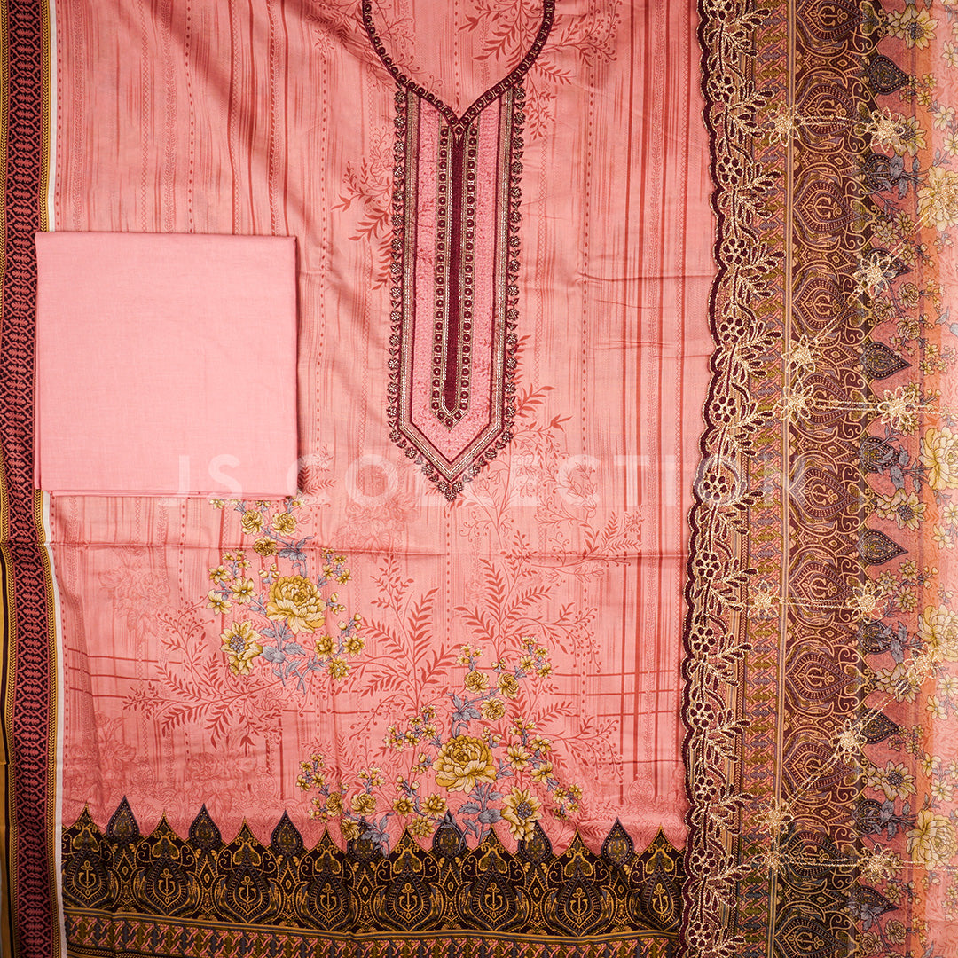 3 Pc Lawn Embroidered Chiffon Dupatta Cutwork Un-stitched-UN2285a