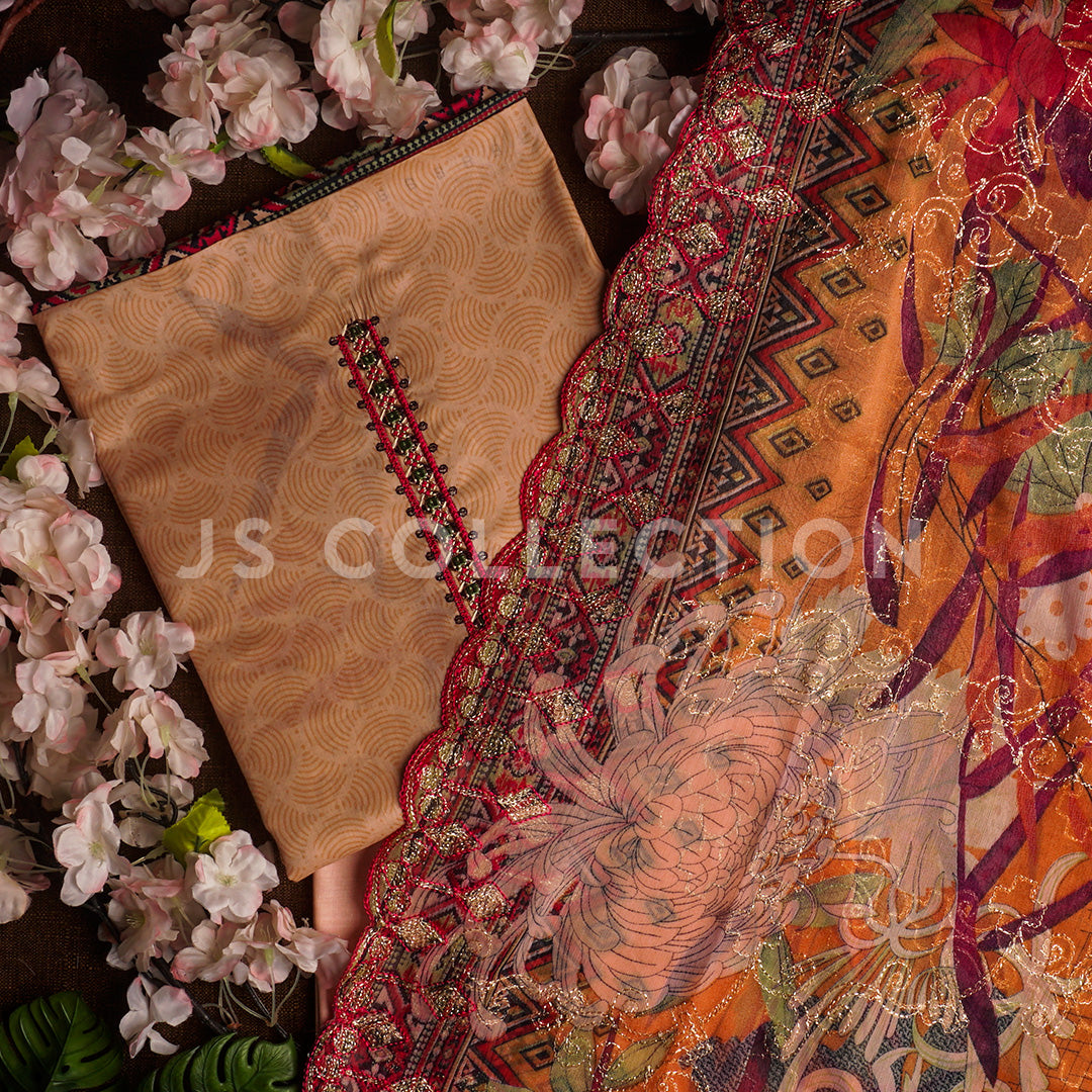 3 Pc Lawn Embroidered Chiffon Dupatta Cutwork Un-stitched-UN2105