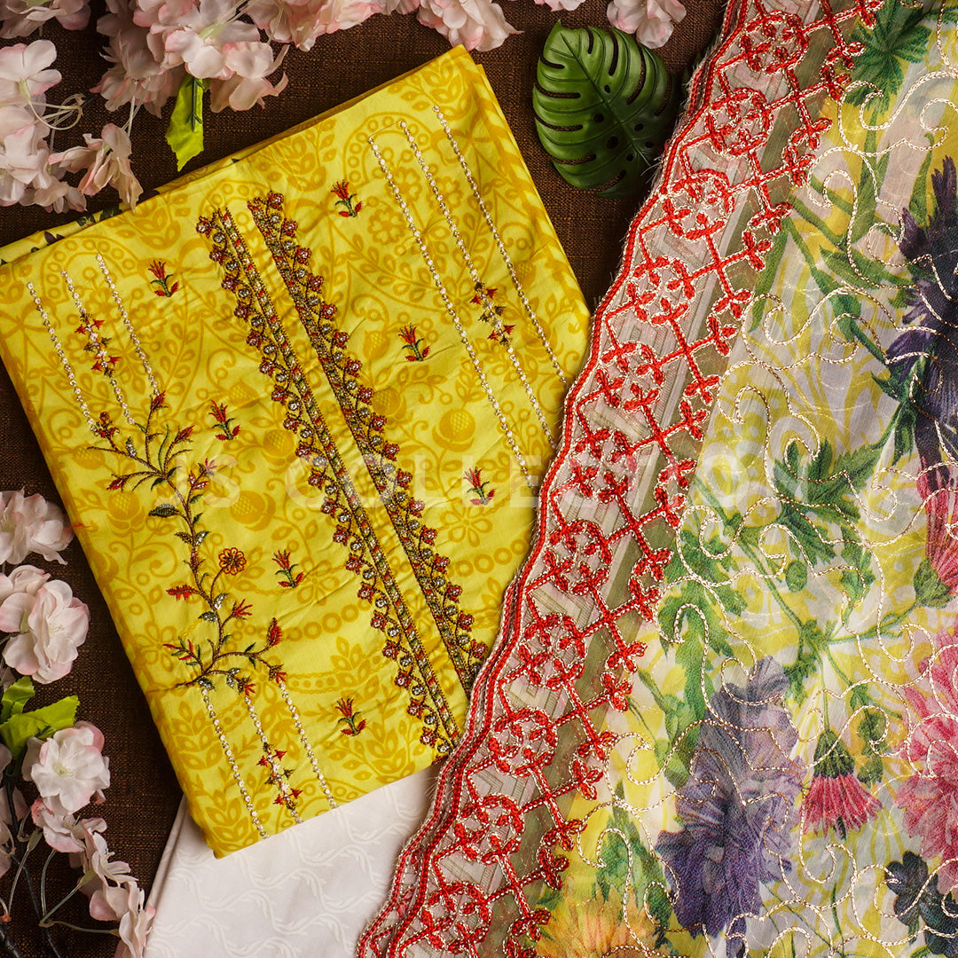 3 Pc Lawn Embroidered Chiffon Dupatta Cutwork Un-stitched-UN2104