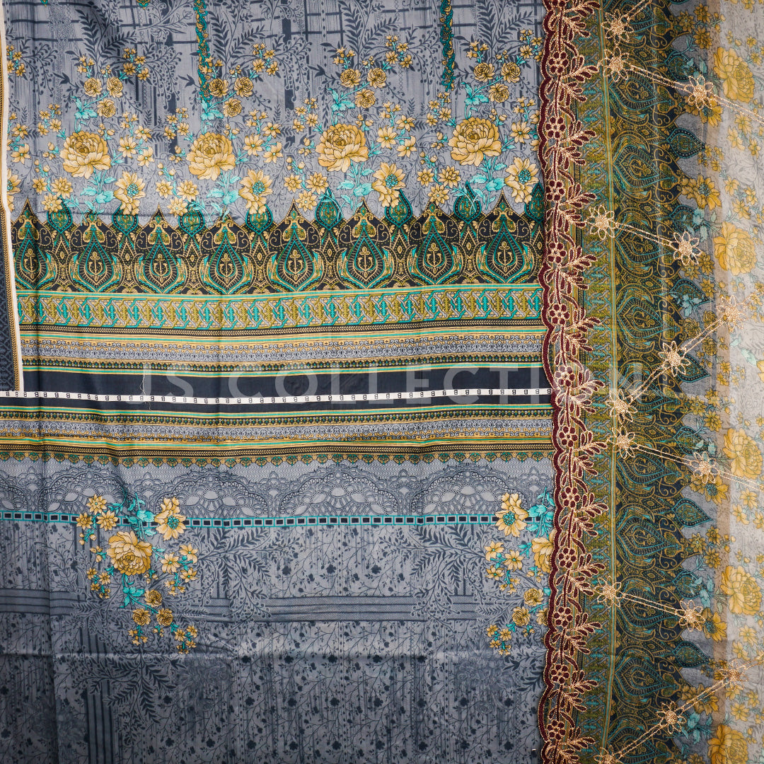 3 Pc Lawn Embroidered Chiffon Dupatta Cutwork Un-stitched-UN2285c