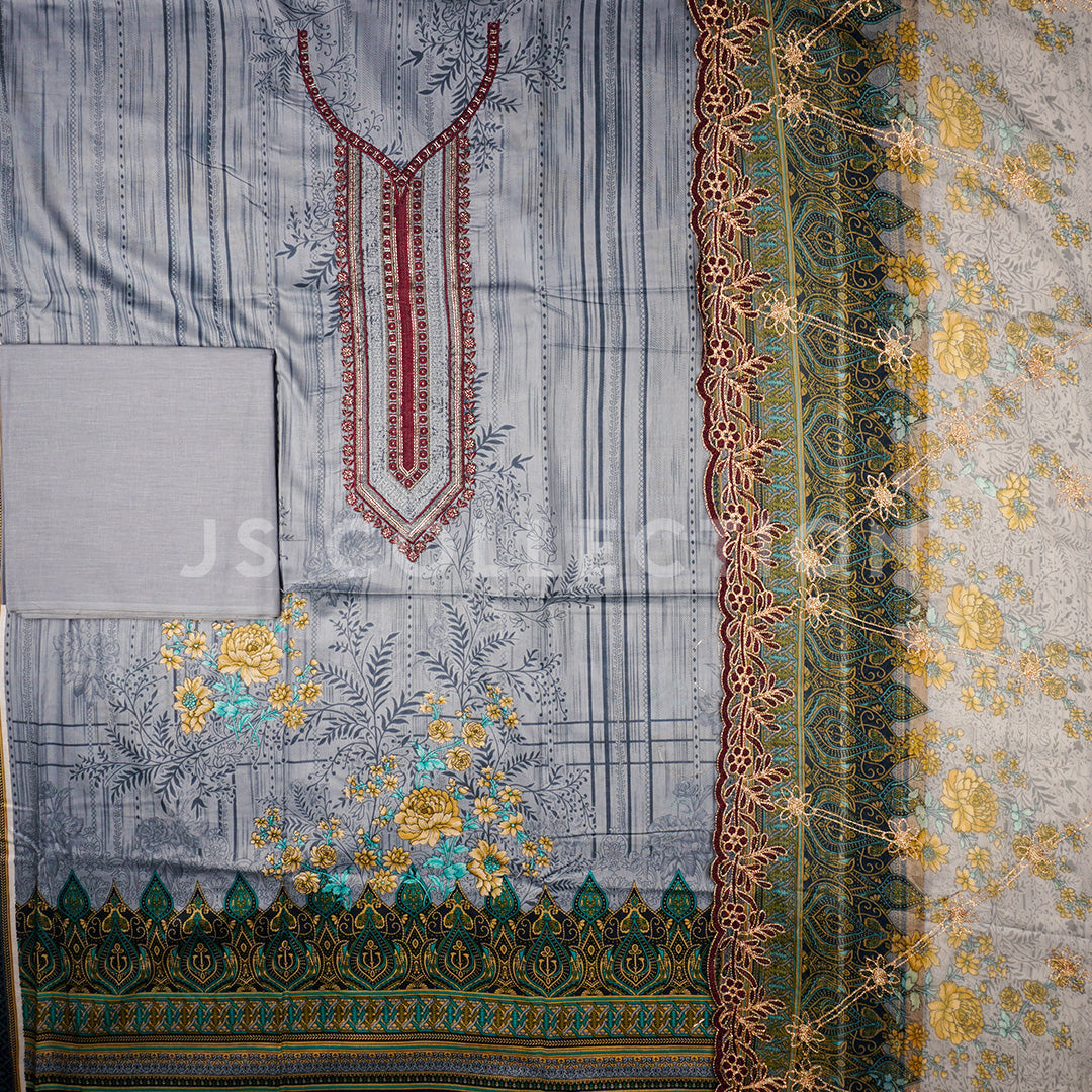 3 Pc Lawn Embroidered Chiffon Dupatta Cutwork Un-stitched-UN2285c