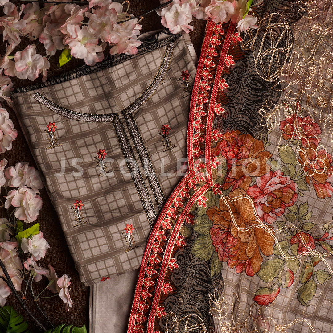 3 Pc Lawn Embroidered Chiffon Dupatta Cutwork Un-stitched-UN2119