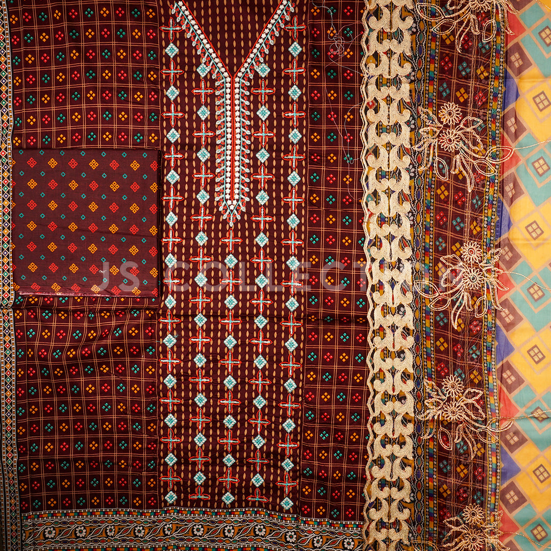 3 Pc Lawn Embroidered Chiffon Dupatta Cutwork Un-stitched-UN2283d