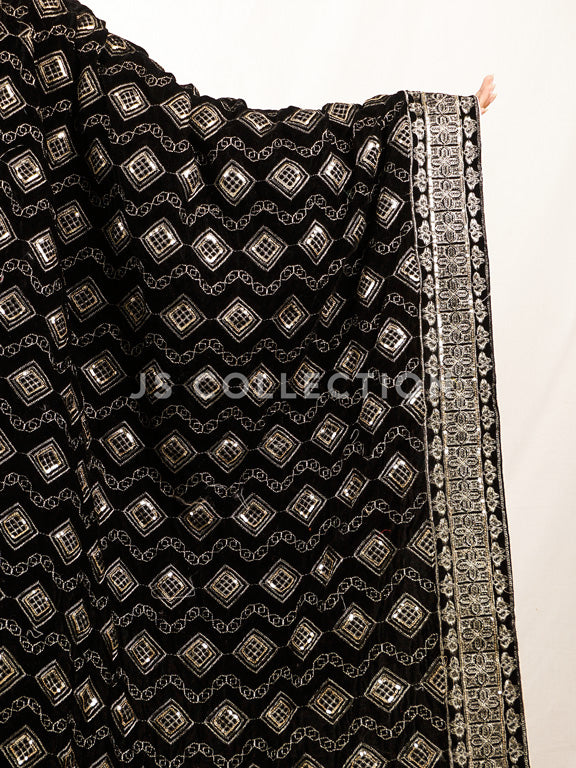 Black Embroidered Velvet Shawl - VS9255