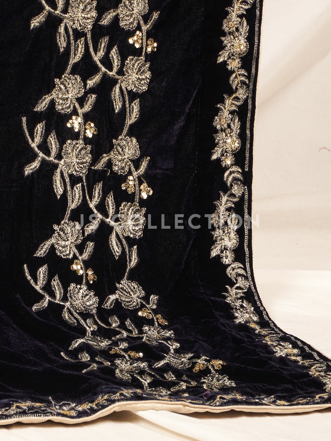 Black Embroidered Velvet Shawl - VS9227