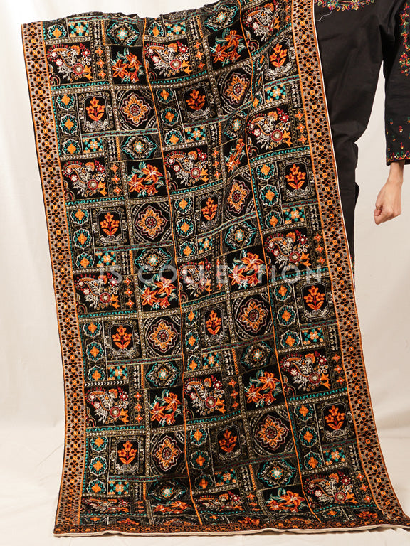 Black Embroidered Velvet Shawl - VS9243