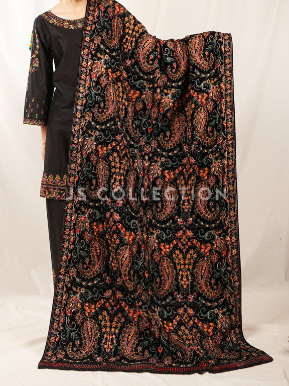 Black Embroidered Velvet Shawl - VS9245