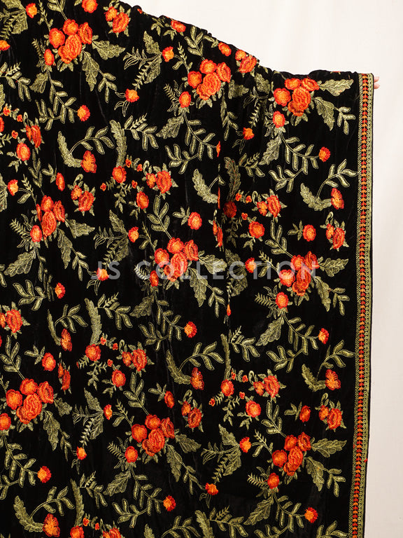 Black Embroidered Velvet Shawl - VS9246