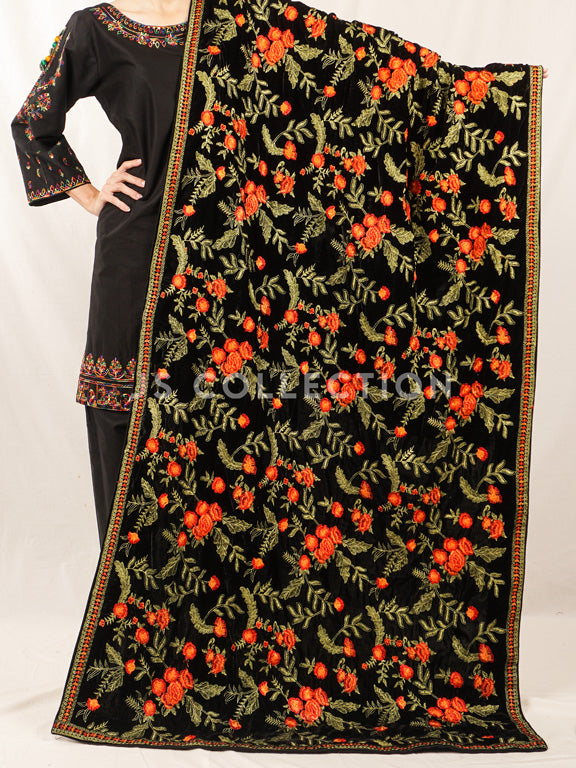 Black Embroidered Velvet Shawl - VS9246