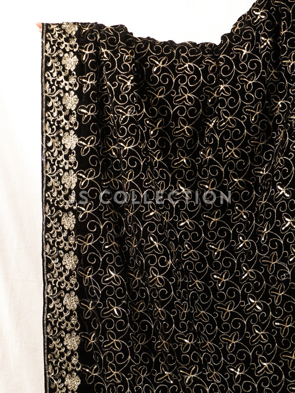 Black Embroidered Velvet Shawl - VS9258