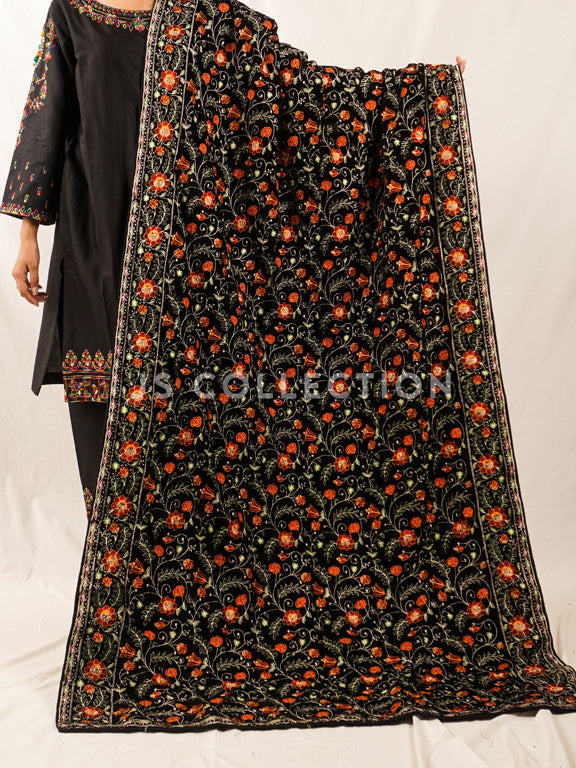 Black Embroidered Velvet Shawl - VS9262