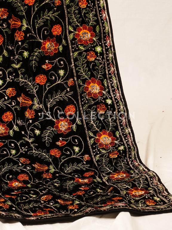 Black Embroidered Velvet Shawl - VS9262
