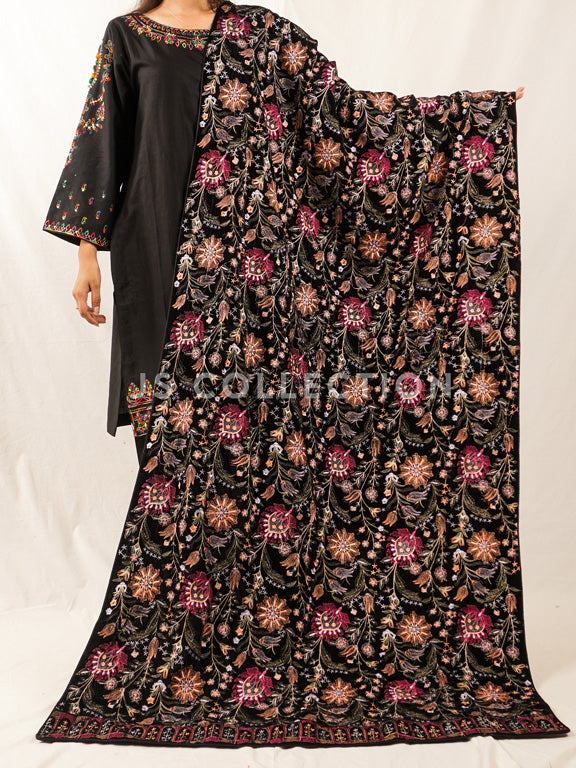 Black Embroidered Velvet Shawl - VS9263