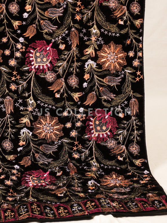 Black Embroidered Velvet Shawl - VS9263