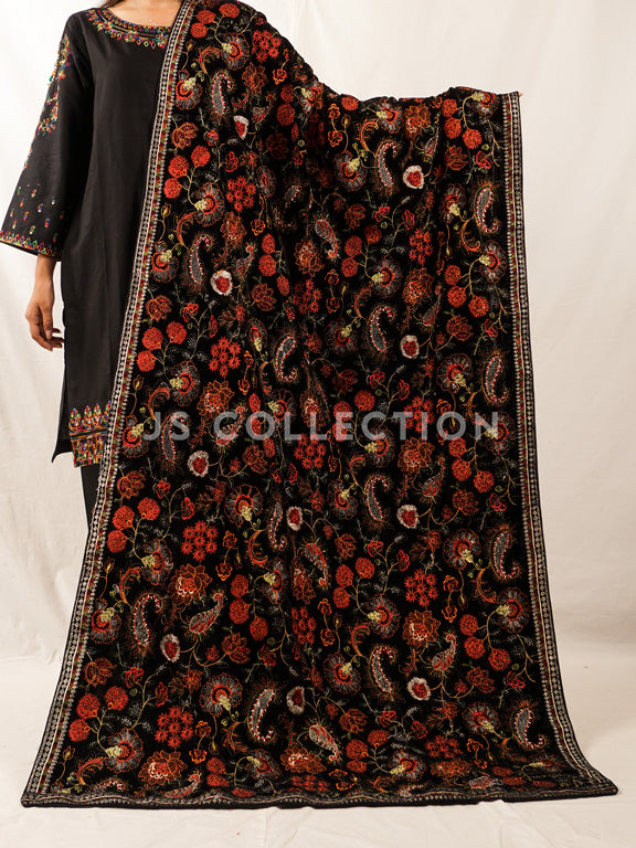 Black Embroidered Velvet Shawl - VS9266