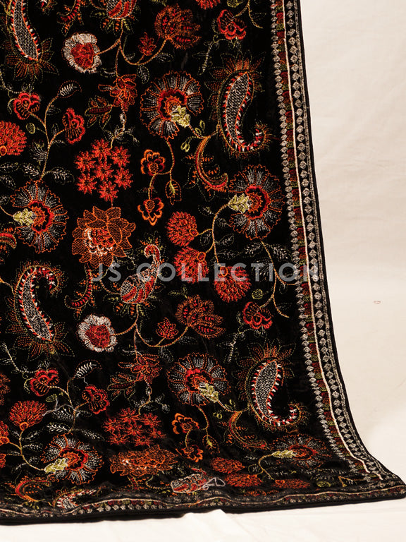 Black Embroidered Velvet Shawl - VS9266