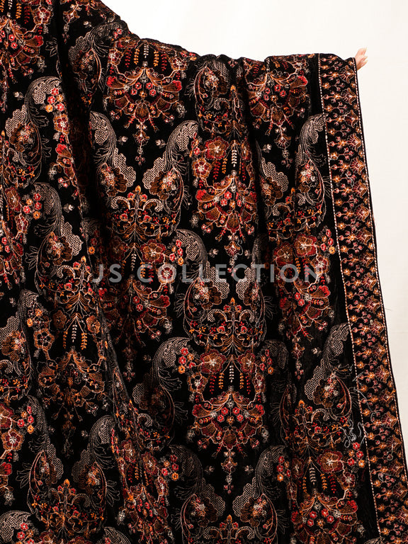 Black Embroidered Velvet Shawl - VS9267