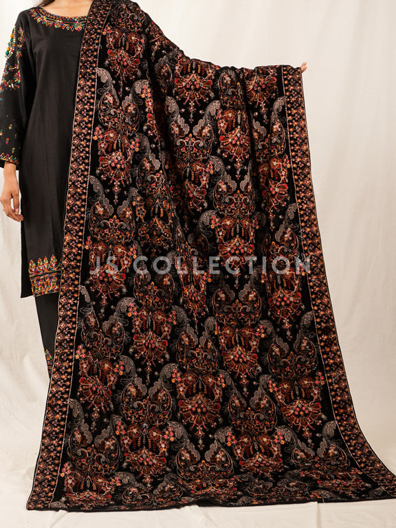 Black Embroidered Velvet Shawl - VS9267