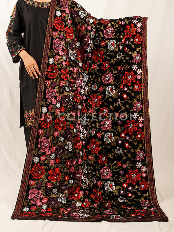 Black Embroidered Velvet Shawl - VS9268