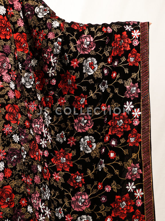 Black Embroidered Velvet Shawl - VS9268