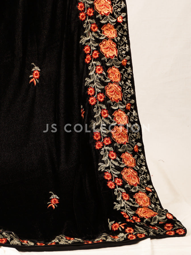 Black Embroidered Velvet Shawl - VS9269
