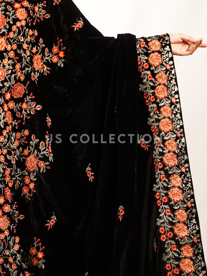 Black Embroidered Velvet Shawl - VS9269
