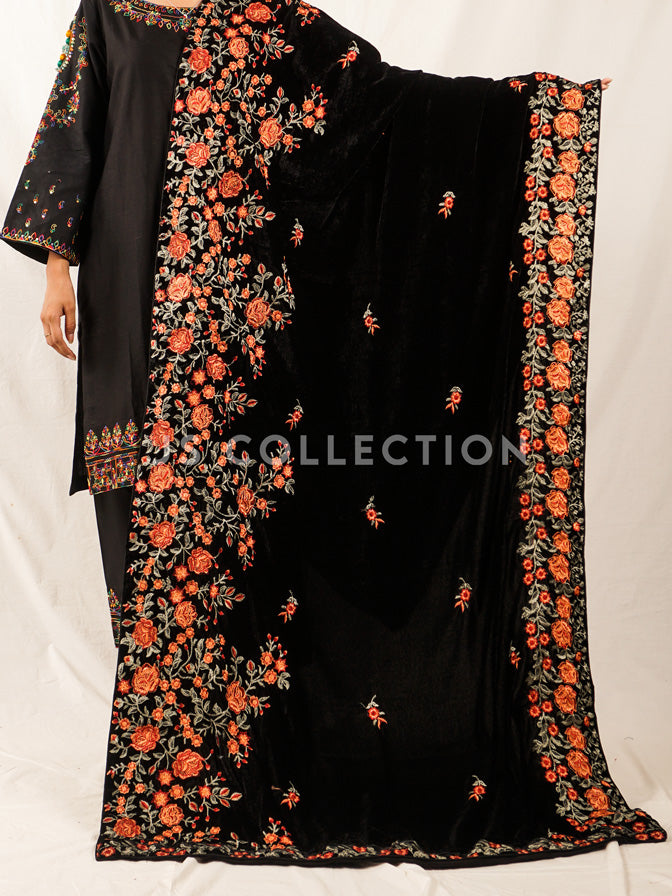 Black Embroidered Velvet Shawl - VS9269