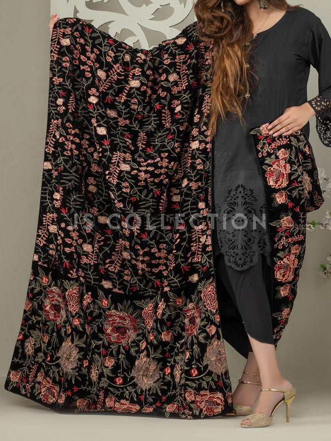 Black Embroidered Velvet Shawl - VS9224