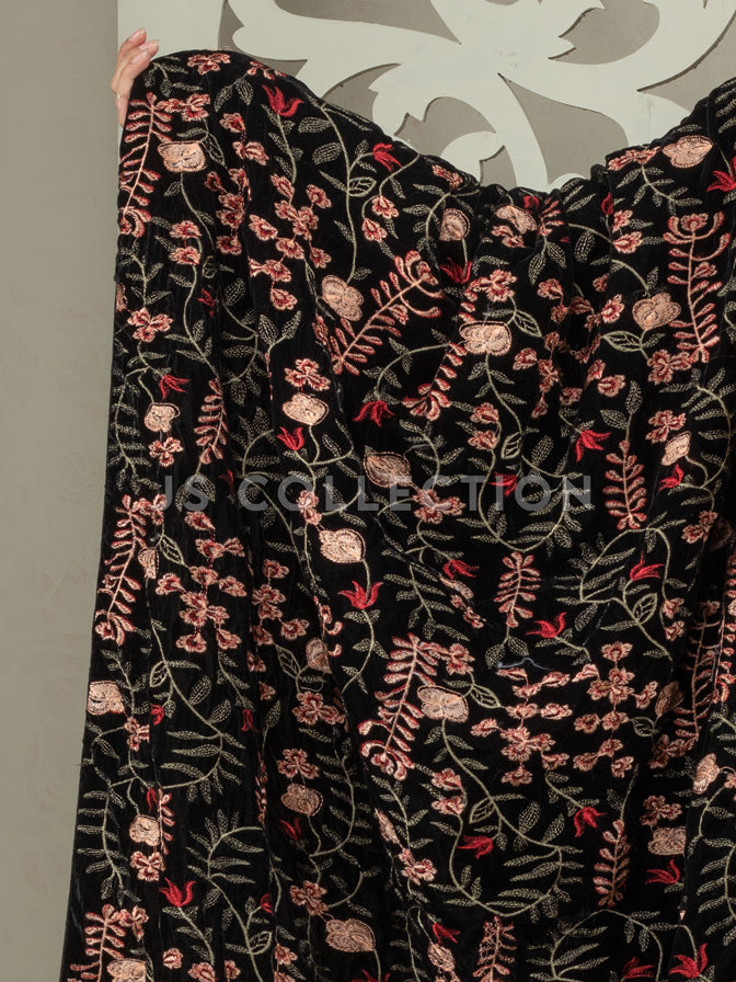 Black Embroidered Velvet Shawl - VS9224